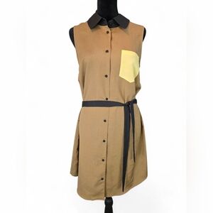 Kensie Sleeveless Shirt Dress Size M Brown Black Yellow Pocket Belted Colorblock